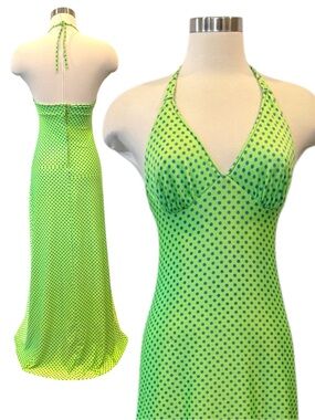 Vintage Elisabeth Stewart Neon Lime Green Stretch Swim Dress Halter Maxi Gown